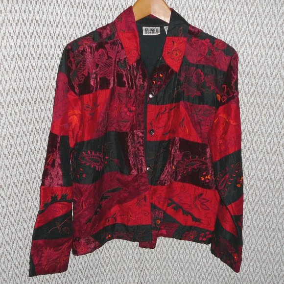 Chico's 1 Silk Embroidered Red Black Jacket M - Picture 1 of 9